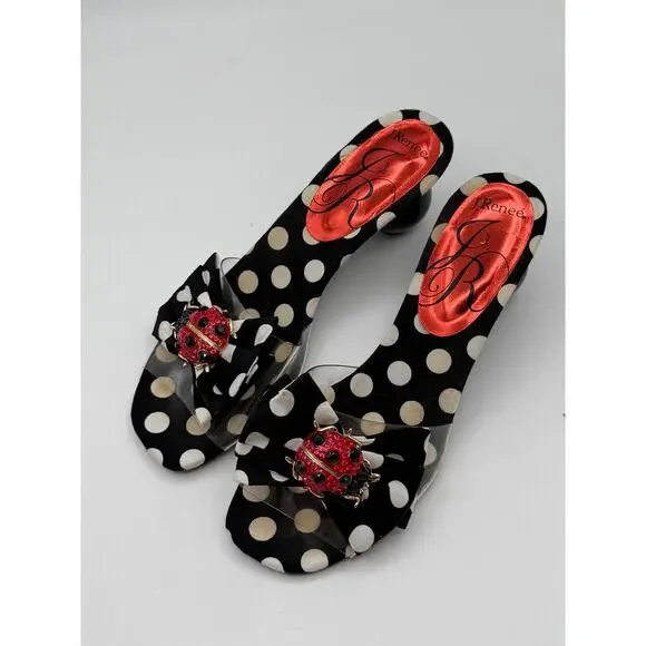 J. RENEE 1990s Vintage Mules Heels Polka Dot Soles, Lady Bug Size 6.5 - Picture 2 of 4
